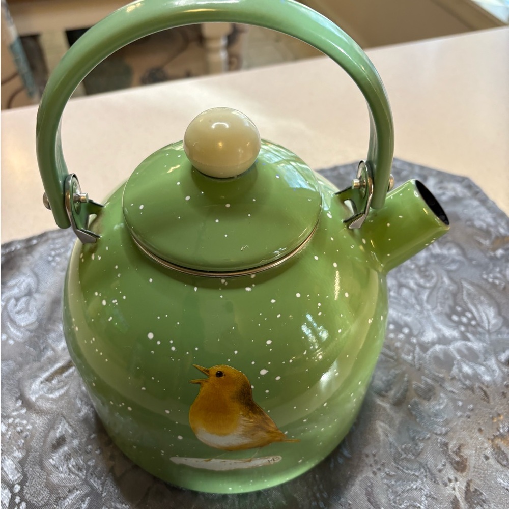 Vintage Marjulein Bastin Snow Green Speckled Enamel Tea Kettle - Picture 4 of 10